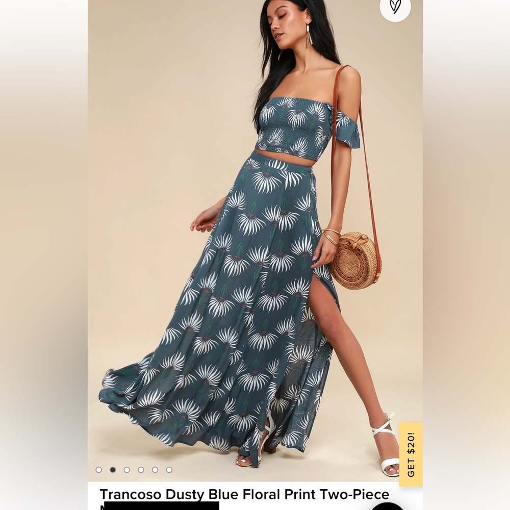 Trancoso Dusty Blue Floral Print Two-Piece Maxi Dress large